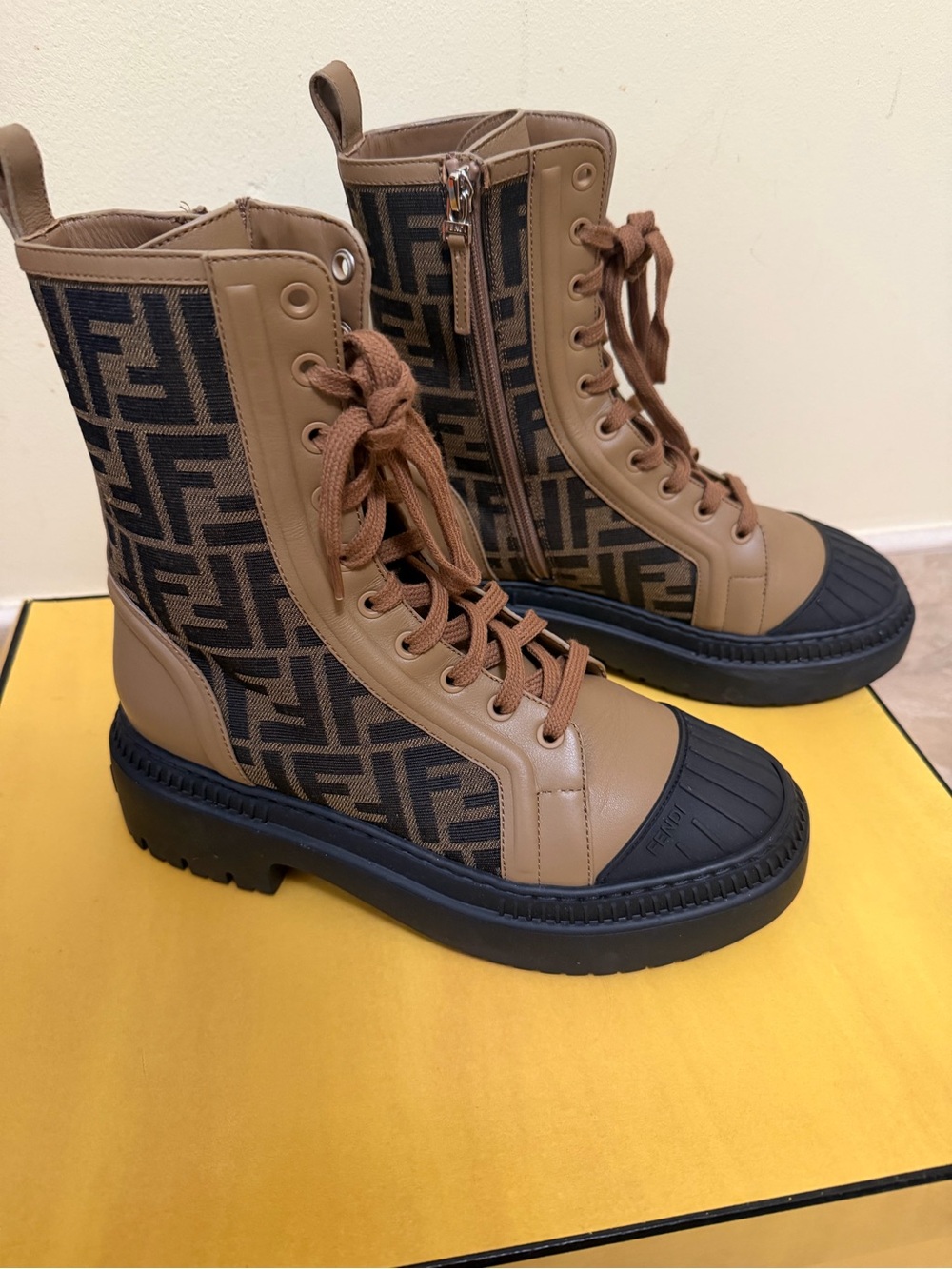 Fendi Tan & Black FF Logo Combat Boots
